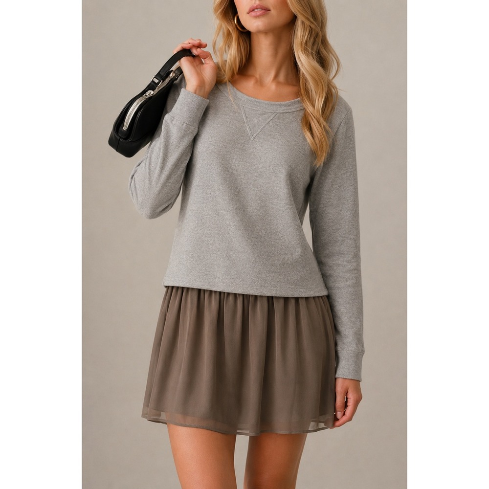 DELETTA Mixed Media Sweatshirt Dress Gray Olive Green Long Sleeve Mini Large
